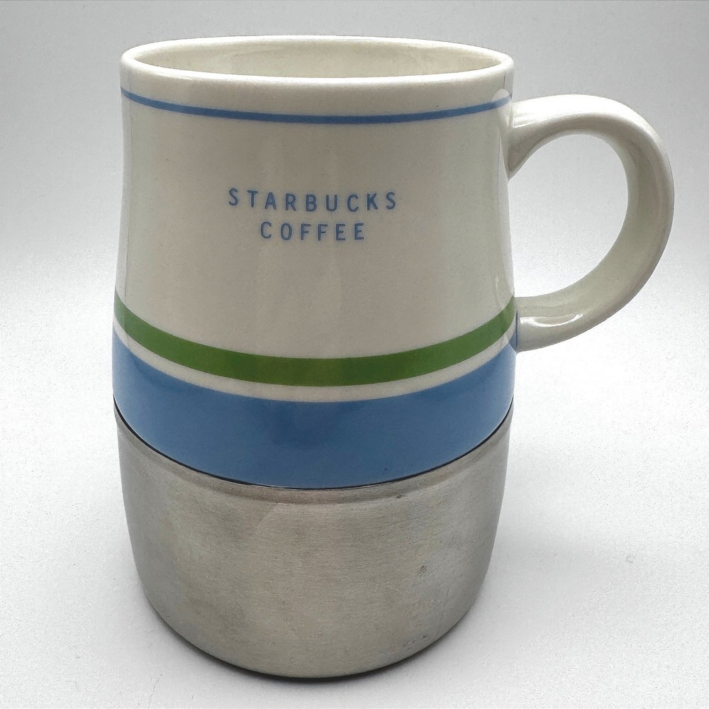 Starbucks Coffee 2005 Ceramic Stainless Steel Travel Mug Tumbler Blue Retro